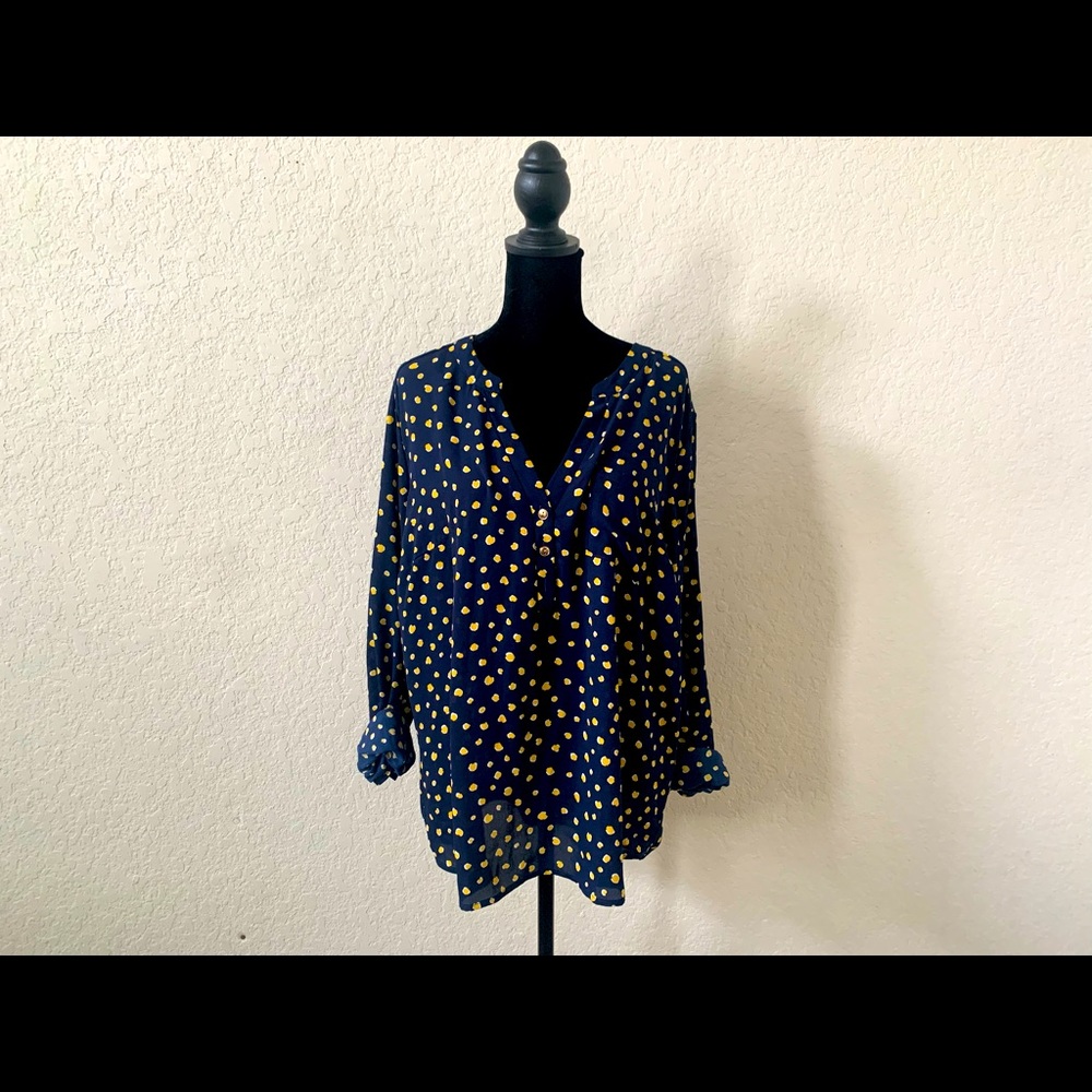 Navy Blue and Mustard Long Sleeve Blouse